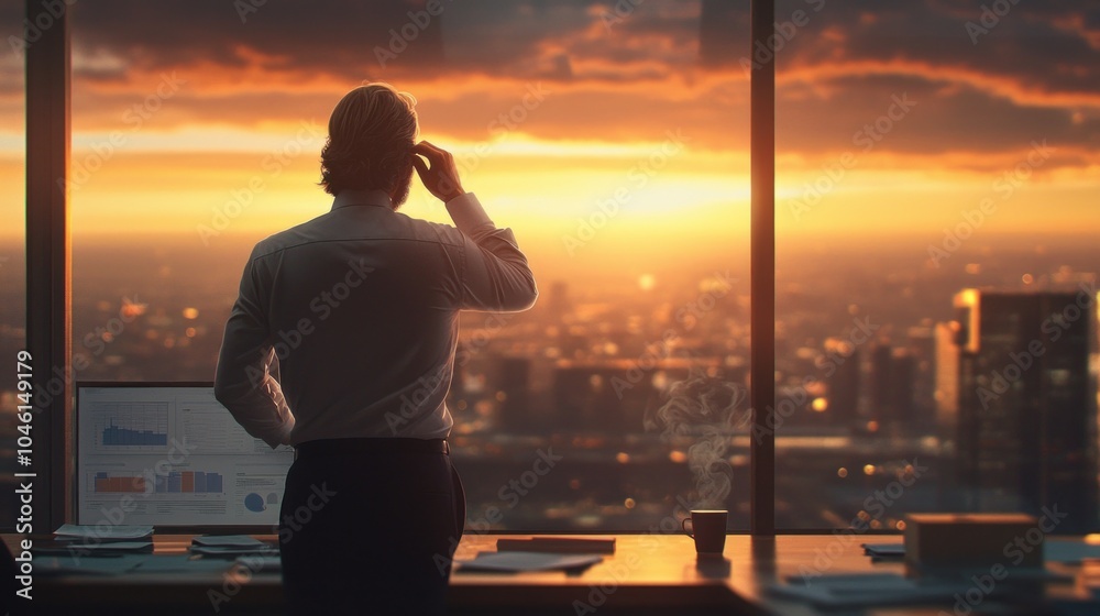 Fototapeta premium The silent struggle of an overworked corporate employee gazing into the distant horizon searching for clarity amidst chaos