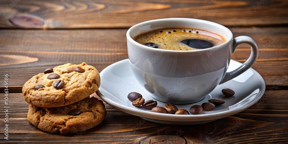 A warm cup of coffee with a frothy surface, a saucer scattered with beans, and two soft chocolate chip cookies resting on a rustic wooden table. A warm cup of coffee with a frothy surface, a saucer scattered with beans, and two soft chocolate chip cookies resting on a rustic wooden table.