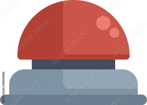 Cartoon illustration of a large red button on a gray base, likely a buzzer for a game show or quiz