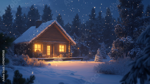 A warm log cozy cabin glows invitingly in night,its windows bright against a backdrop of falling snow and tall pine trees,creating a tranquil winter atmosphere,copy space