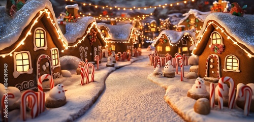 An enchanted Christmas scene of a gingerbread town, with snow-covered rooftops made of powdered sugar.