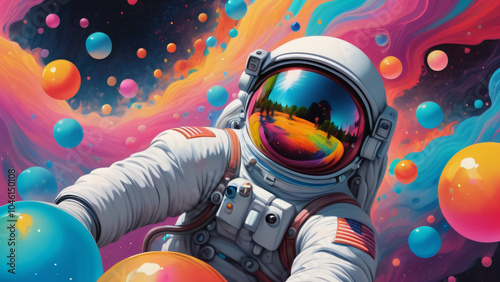 Beautiful painting of an astronaut in in a colorful bubbles galaxy on a different planet. Generative AI. Pop art concept