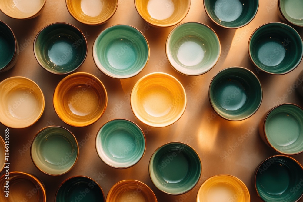 Circular tea cups in shades of warm brown and green are artistically arranged, evoking a sense of comfort ready for tea time enjoyment. Generative AI Circular tea cups in shades of warm brown and green are artistically arranged, evoking a sense of comfort ready for tea time enjoyment. Generative AI