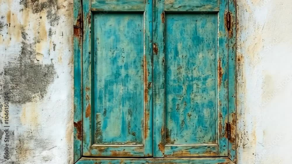 A weathered teal door with faded paint is nestled in a white stucco wall A weathered teal door with faded paint is nestled in a white stucco wall