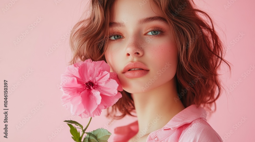 Confident woman with pink flowers Confident woman with pink flowers