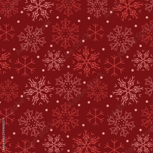 Falling snows and snow crystals and pattern on claret red background
