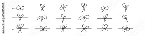 Black bow with tied rope and ribbon knot. Simple line design of string and thread for gift wrapping or marine cord. Flat vector illustration isolated on white background.