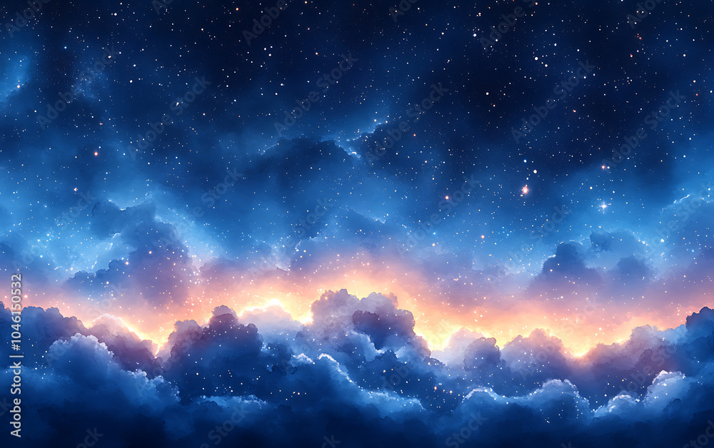 Watercolor Cloud Pattern: Blue Shades with Stars & Constellations Watercolor Cloud Pattern: Blue Shades with Stars & Constellations