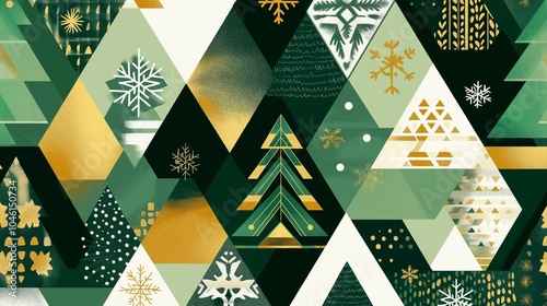 An intricate geometric pattern featuring stylized Christmas trees and snowflakes, using a mix of triangular and hexagonal shapes.
