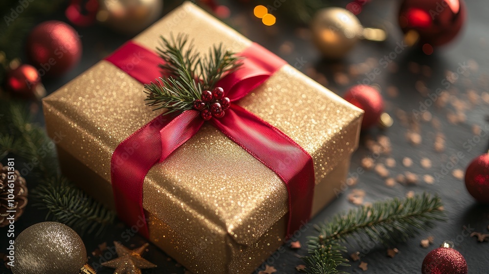 A beautifully packaged Christmas gift box, adorned with gold and vibrant red ribbons, adorned with pine branches and holiday decorations, evoking warmth and joy during the holiday season A beautifully packaged Christmas gift box, adorned with gold and vibrant red ribbons, adorned with pine branches and holiday decorations, evoking warmth and joy during the holiday season