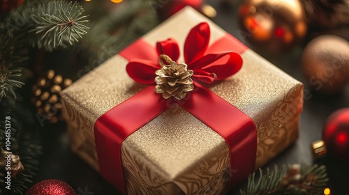 A beautifully packaged Christmas gift box, adorned with gold and vibrant red ribbons, adorned with pine branches and holiday decorations, evoking warmth and joy during the holiday season