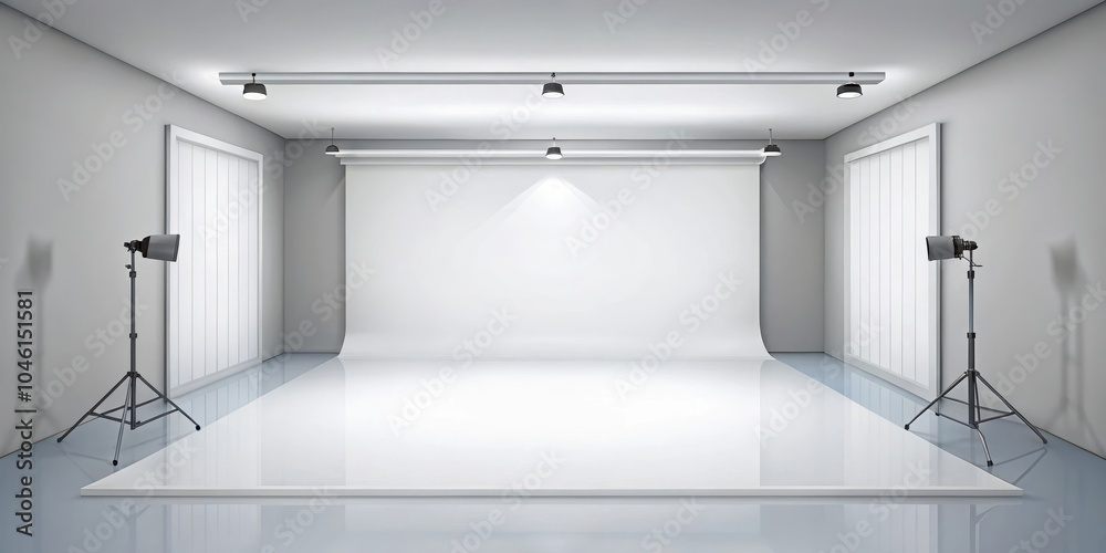 A minimalist photography studio with white backdrop and lighting equipment, ready for product or portrait photography. A minimalist photography studio with white backdrop and lighting equipment, ready for product or portrait photography.