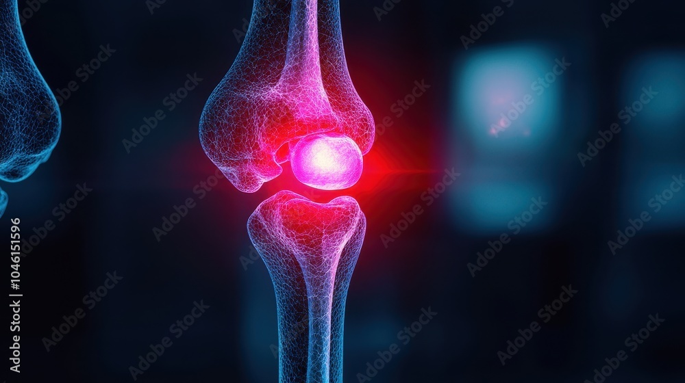 3D illustration of a human knee joint, showcasing anatomy with a glowing red focal point. 3D illustration of a human knee joint, showcasing anatomy with a glowing red focal point.