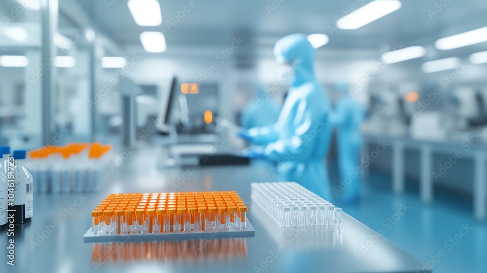 Pharmaceutical lab with technicians and machines, precision production, 3D illustration Pharmaceutical lab with technicians and machines, precision production, 3D illustration