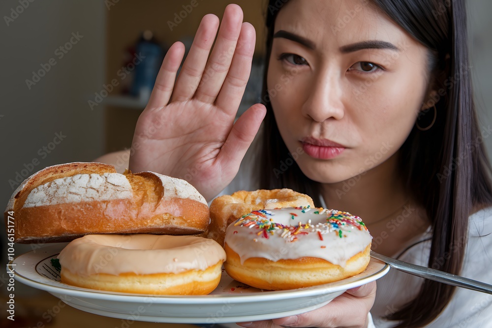 Gluten allergy, asian young woman hand push out, refusing to eat bread and donut or doughnut on plate in breakfast food meal. Gluten allergy, asian young woman hand push out, refusing to eat bread and donut or doughnut on plate in breakfast food meal.