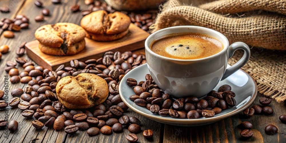 A cup of freshly brewed coffee with a frothy crema, resting on a saucer surrounded by roasted coffee beans, accompanied by sweet, freshly baked cookies on a wooden surface. A cup of freshly brewed coffee with a frothy crema, resting on a saucer surrounded by roasted coffee beans, accompanied by sweet, freshly baked cookies on a wooden surface.