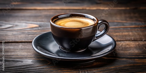 A steaming cup of espresso in a dark brown ceramic mug, resting on a matching saucer, against a rustic wooden backdrop.