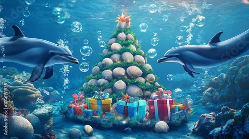 An underwater Christmas celebration with dolphins playing around a reef shaped like a holiday tree. The reef is decorated with shiny shells . photo