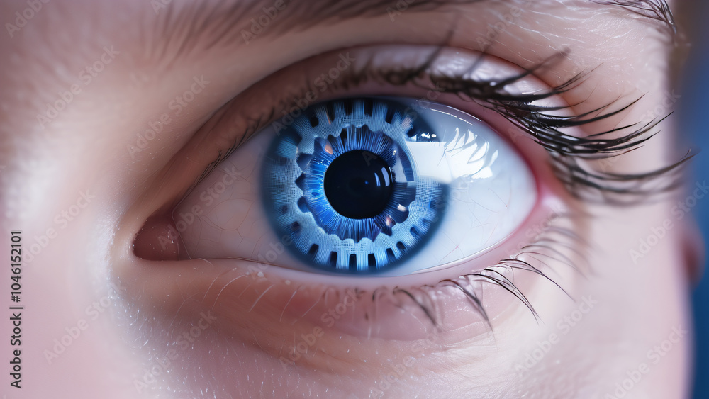 Fototapeta premium Close-up of a blue eye with a digital pattern in the iris, symbolizing technology and the future.