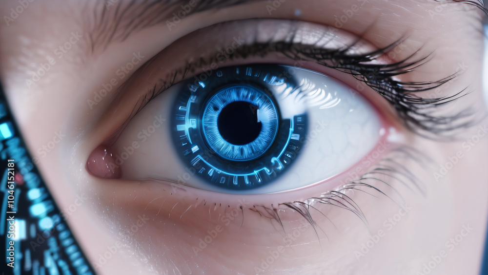 Close-up of a blue eye with a digital pattern in the iris, symbolizing technology and the future. Close-up of a blue eye with a digital pattern in the iris, symbolizing technology and the future.