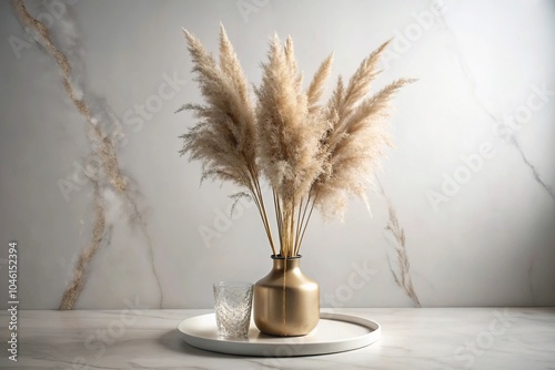 still life with silhouette aesthetic vase marble tray pampas grass bouquet table copy space photo