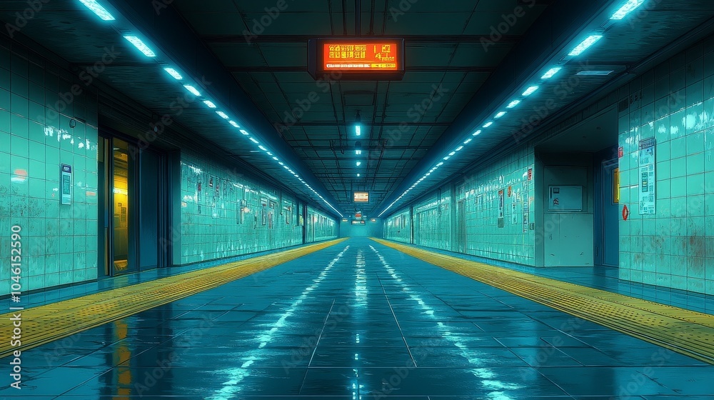 Fototapeta premium The modern high-speed railway station exit features a minimalist animation style and a spacious exit hall that captures the futuristic feel of a transportation hub