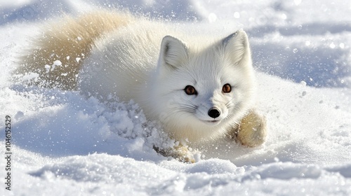 Fluffy White Arctic fox blending into the snow