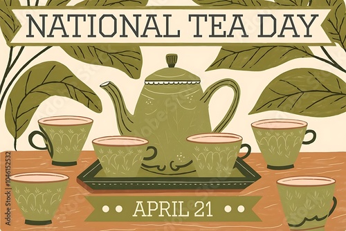 National Tea Day celebration with teapot and tea cups in vintage style

