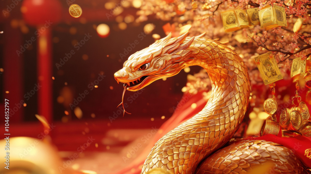 golden snake symbolizes prosperity and wisdom in Chinese mythology, surrounded by vibrant blossoms and gold coins, creating festive atmosphere