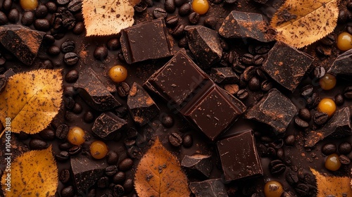 Top view showing semi frozen chocolate chunks, scattered coffee beans, black bubble tea bubbles, and yellow autumn leaves. Multiple textures create an autumn atmosphere of food and nature. photo