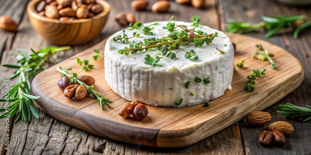 A Round of Creamy Cheese Decorated with Fresh Herbs and Almonds on a Wooden Cutting Board A Round of Creamy Cheese Decorated with Fresh Herbs and Almonds on a Wooden Cutting Board