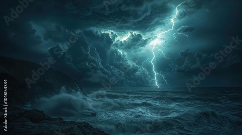 Dramatic stormy clouds with lightning over turbulent ocean waves