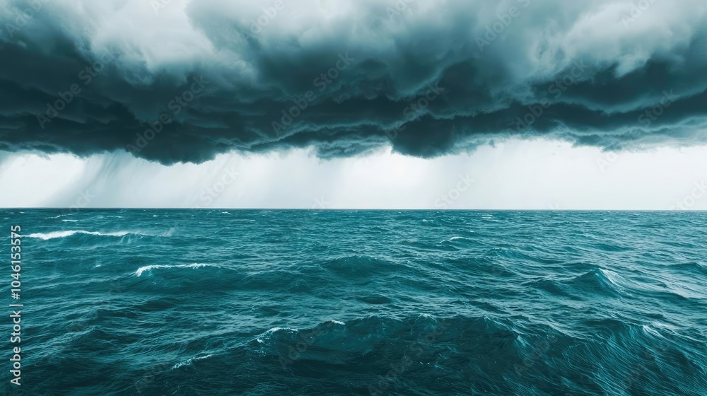 Fototapeta premium Dark storm clouds over a turbulent sea, creating a dramatic and moody atmosphere.
