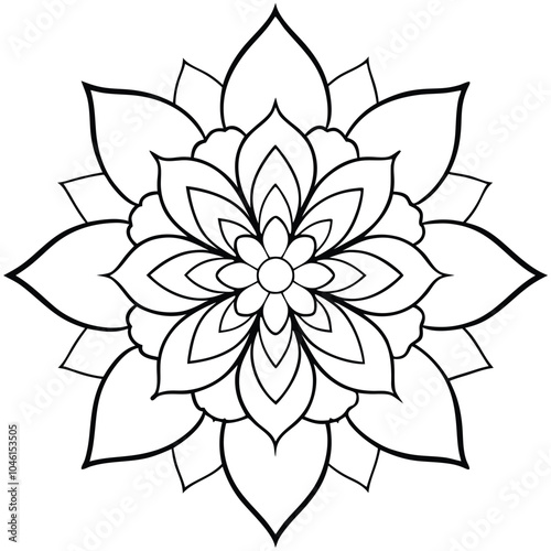 Elegant black and white floral pattern colouring page designed for adults, promoting relaxation and creativity.