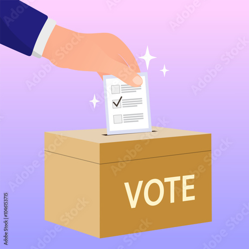 A person voting in an election. Businessman hand casting a vote into a ballot box with a checkmark. A symbol of democracy, freedom of choice, and political decision for a referendum.