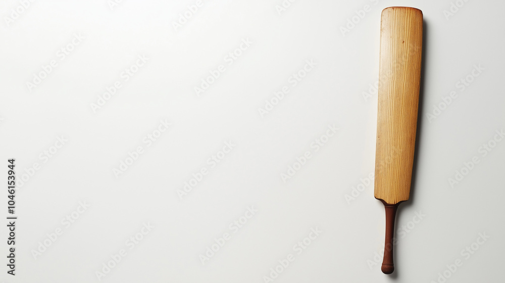 Obraz premium A wooden cricket bat with a brown handle is lying flat on a white surface,copy space