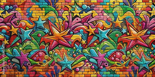 A vibrant and colorful graffiti mural on a brick wall, featuring abstract shapes, stars, and swirls in a chaotic yet visually pleasing pattern.