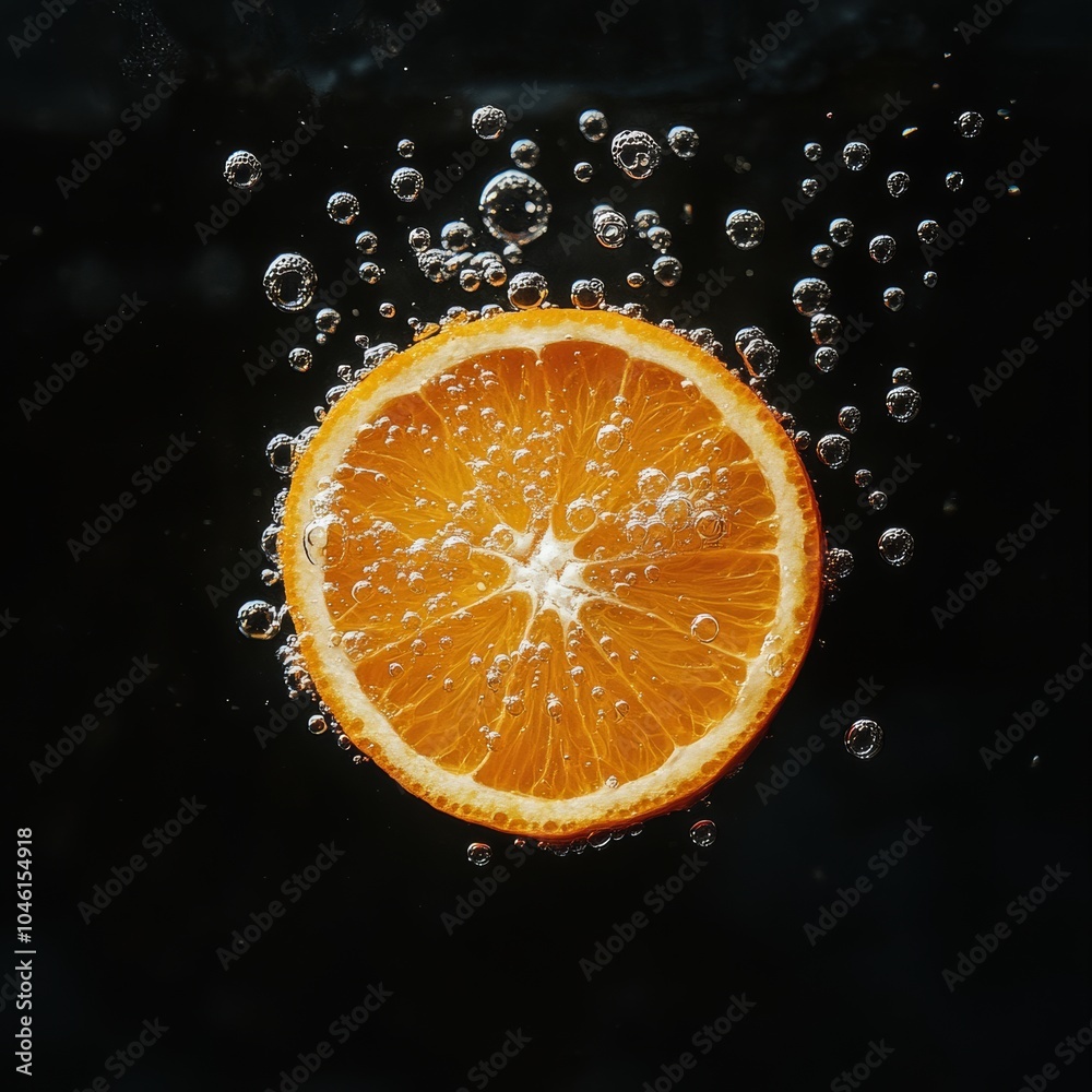 A single orange slice floating in water with bubbles surrounding it, capturing the effervescent freshness and zesty aroma A single orange slice floating in water with bubbles surrounding it, capturing the effervescent freshness and zesty aroma