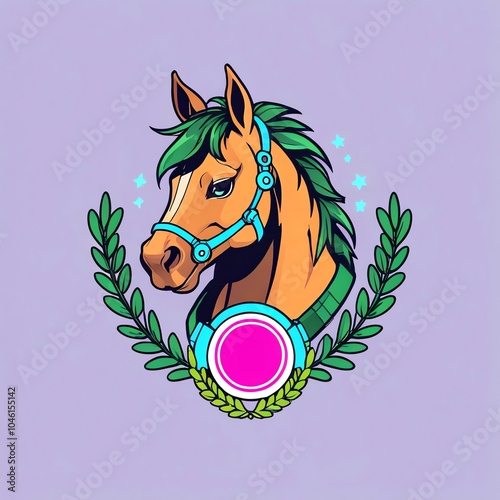 Horse Head Illustration with a Blue Headband and Green Leaves photo