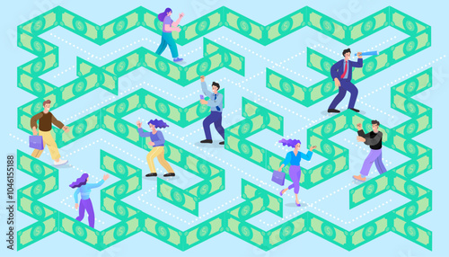 maze money,Business people stuck in dollar banknote ,abstract financial concept.