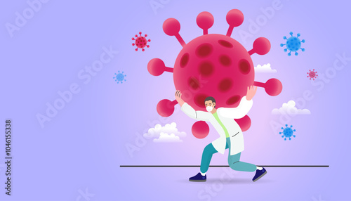 A concept of fighting a pandemic. A doctor or scientist in a mask struggles against a giant virus, symbolizing the healthcare battle against coronavirus, epidemics, and disease.