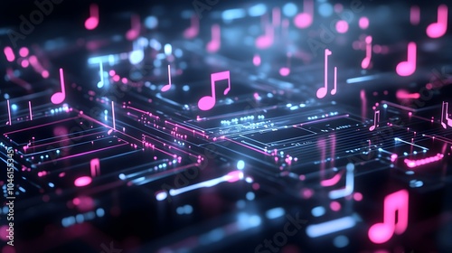 Vibrant neon digital music visualization with rhythm and pulse showcasing a futuristic and dynamic abstract background with flowing lines symbols