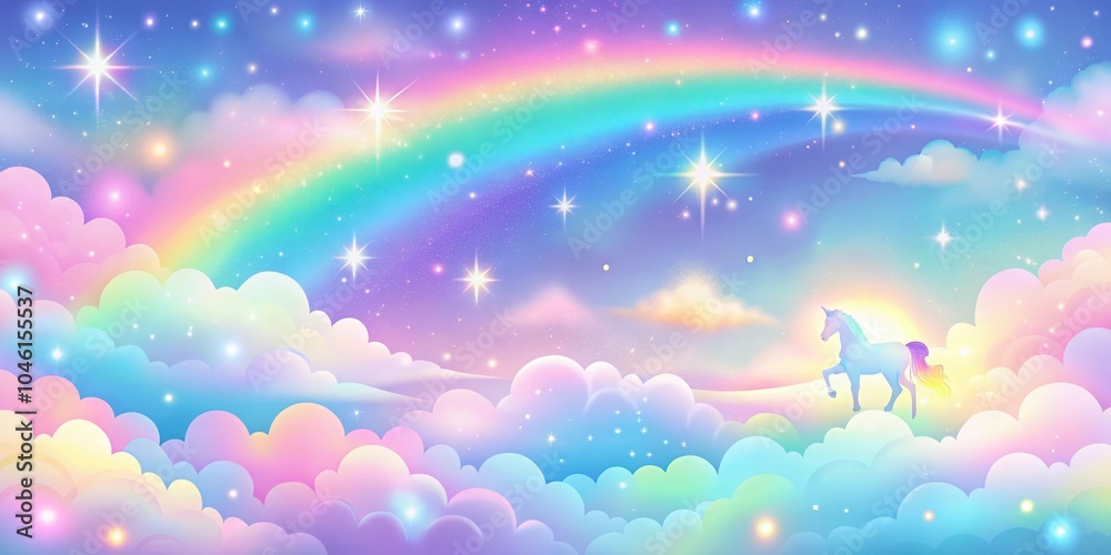 A Magical Unicorn Stands on a Cloud in a Dreamlike Rainbow Sky with Twinkling Stars