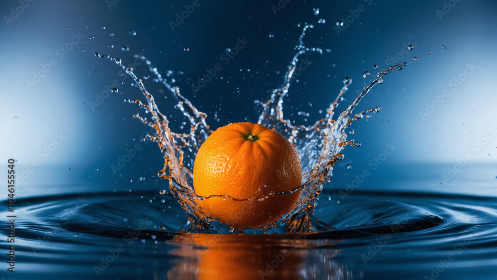 A fresh orange splashes into water, creating dynamic ripples and droplets, symbolizing energy, freshness, and the burst of citrus flavor in a vibrant scene.