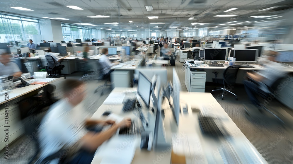 Obraz premium Dynamic and Busy Corporate Office Environment with Blurred Motion of Employees Working at Desks Showing the Hustle and Bustle of a Productive Workplace Focused on Professional Success