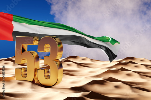 UAE's 53rd National Day Celebration Concept with UAE Flag, 3D Illustration