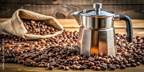 A stainless steel coffee pot surrounded by roasted coffee beans on a rustic wooden table