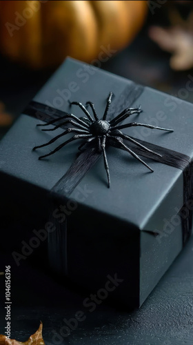 A spooky black gift box adorned with a spider, perfect for Halloween celebrations and themed parties. photo