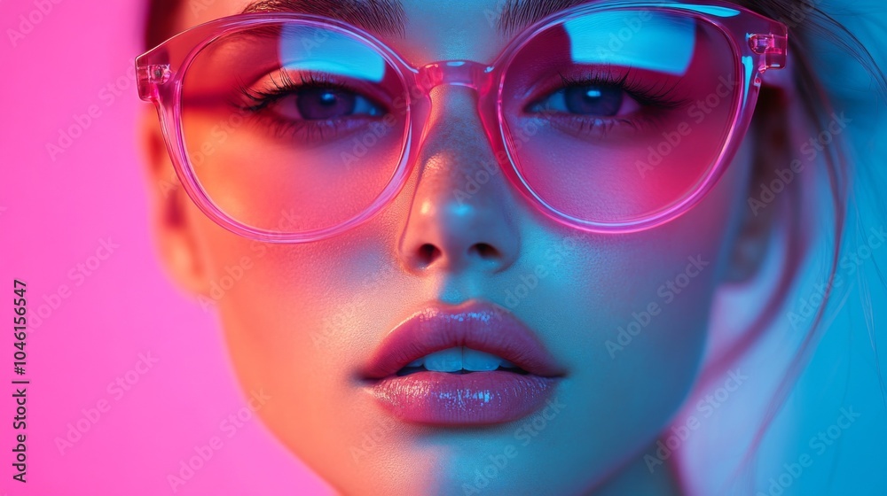 Obraz premium Close-up portrait of a woman with glowing pink sunglasses