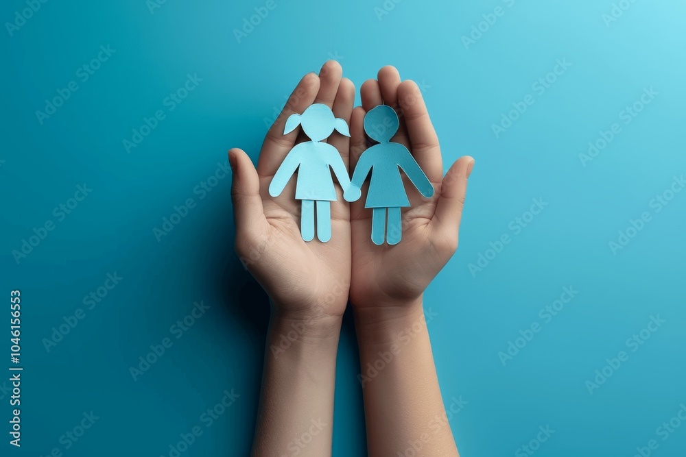 Holding Paper Family Cutout in Hands on Blue Background for Family Health Care Concept Holding Paper Family Cutout in Hands on Blue Background for Family Health Care Concept